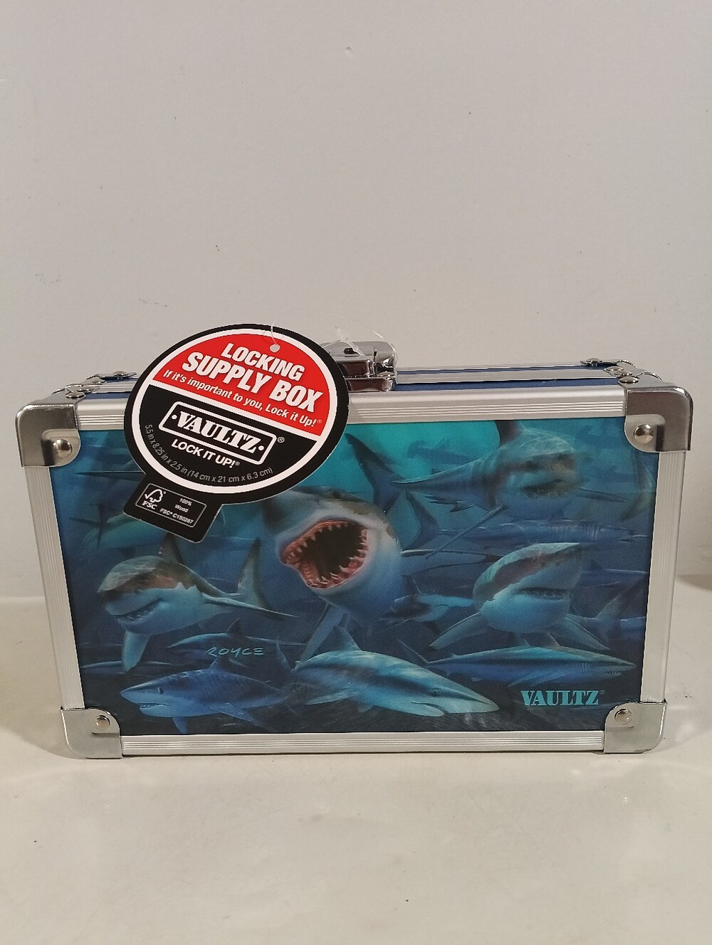 Vaultz Locking Personal Storage Box - Shark Attack Graphic - Secure Treasure.NWT